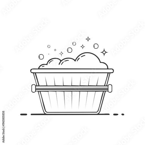 Line art of a wash basin full of soapy suds and bubbles with sparkling stars