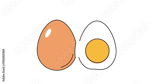 Simple graphic illustration of a whole brown egg and a halved hard-boiled egg with a bright yellow yolk isolated on white background.