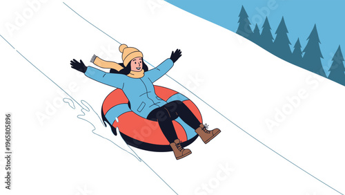 Happy woman with a scarf and hat enjoying snow tubing down a white winter slope with pine trees in the background under a blue sky.