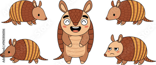 Cute cartoon armadillo character set with different poses and expressions adorable wildlife animal vector illustration collection