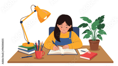 Focused young student sits at a desk while studying from an open book under the light of a yellow desk lamp in her room.