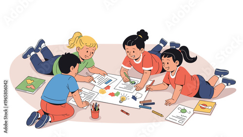 Group of diverse young children lie on the floor together while creatively drawing and coloring on a large white paper sheet.