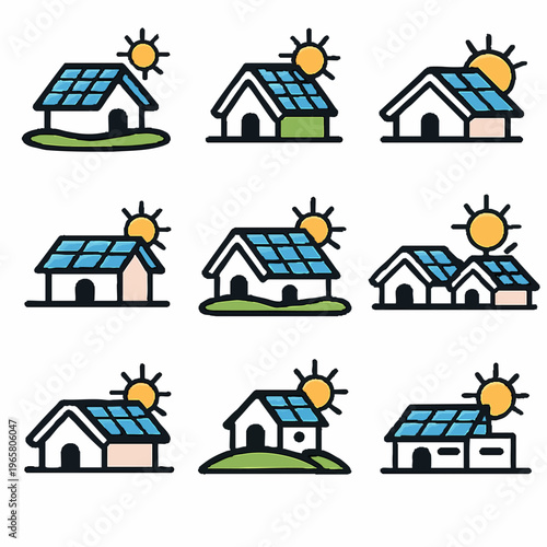 solar powered house icons with sun illustrations