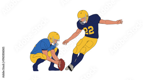Two American football players prepare for a field goal attempt with one holding the ball and the other ready to kick it.