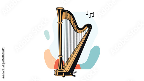 Elegant classical harp with detailed strings and golden frame stands against a soft abstract background with musical notes.