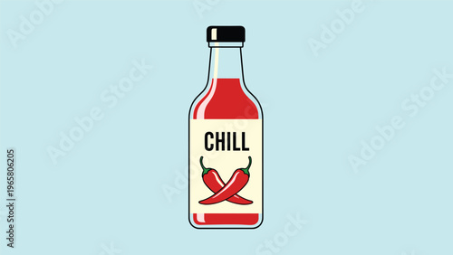 Glass bottle of spicy chili sauce features a label with the word chill and two crossed red hot peppers on a light blue background.