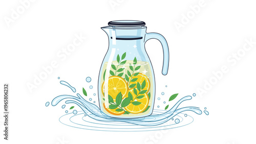 Glass pitcher filled with fresh water lemon slices and green mint leaves creates a refreshing drink with a large water splash.