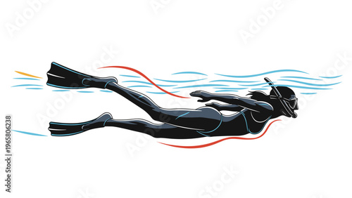 Silhouette of a female scuba diver swims gracefully through the water wearing flippers and a snorkel mask in a flat style.