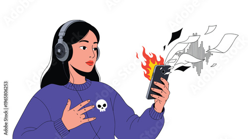 Edgy young woman wearing headphones and a skull sweater holds a smartphone that is bursting into flames and playing music.