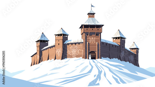Historic wooden fortress with tall towers and defensive walls sits on a snow covered hill under a clear winter sky illustration.