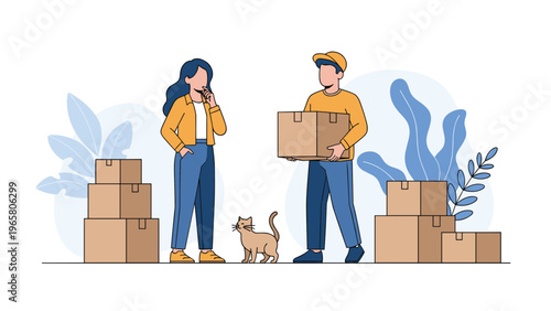 Young couple and their pet cat stand among several cardboard boxes while preparing to move into their new home or apartment.