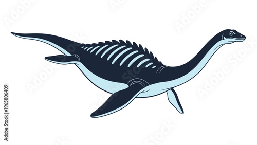 Ancient prehistoric marine reptile with a long neck and flippers swims through the water in a detailed scientific illustration.