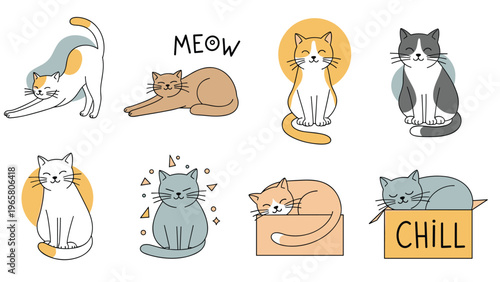 Adorable collection of eight cartoon cats in various colors and poses includes sleeping sitting and playing feline characters.