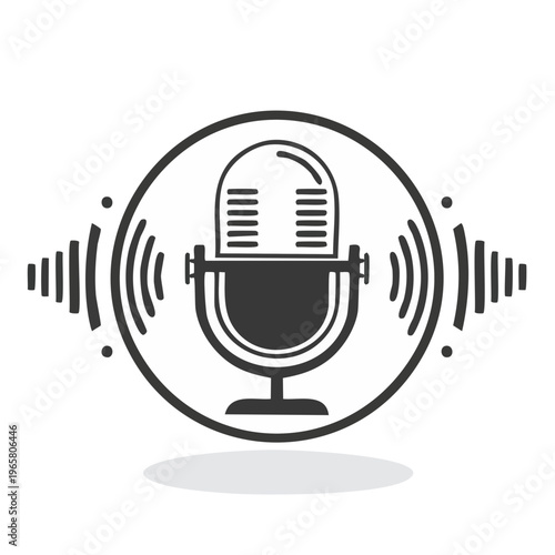 Vintage microphone icon with sound waves and broadcast symbol