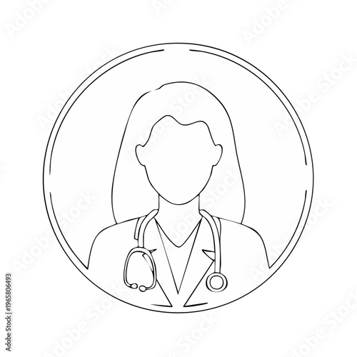 Simple line art illustration of a doctor wearing a stethoscope inside a circle