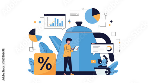 Business team analyzes financial data and charts integrated with a giant teapot in a flat design conceptual illustration.