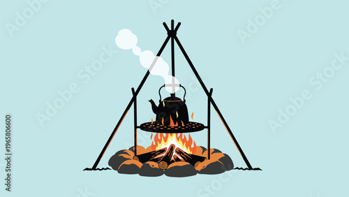 Traditional black kettle hangs over a crackling campfire on a tripod in a minimalist outdoor camping illustration.