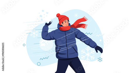 Man in a warm winter outfit enjoys a snowy day by throwing a snowball in a playful outdoor scene with wind and flakes.
