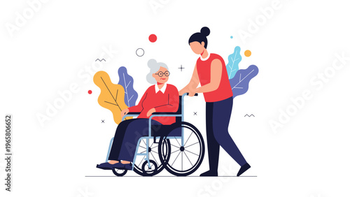 Young female caregiver supports and pushes an elderly woman in a wheelchair against a backdrop of colorful abstract shapes.