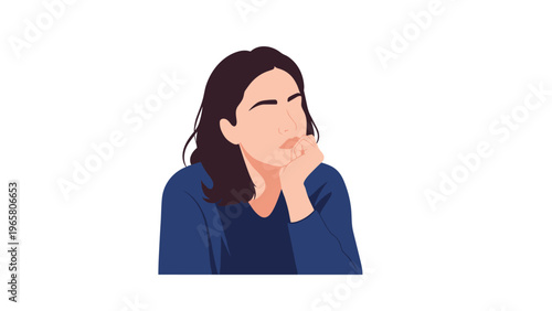Minimalist portrait of a woman in a deep blue shirt resting her chin on her hand while lost in contemplative thought.
