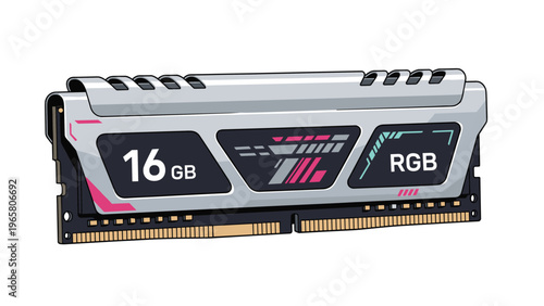Detailed illustration of a high-performance 16GB RGB memory module for computer hardware and gaming PC building.