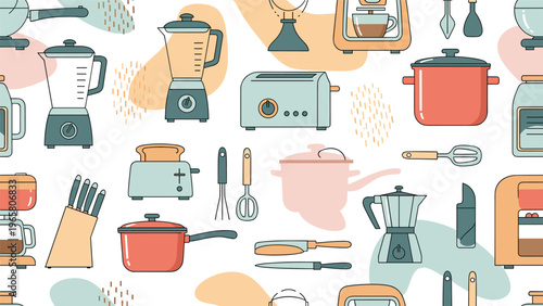 Seamless pattern of modern kitchen appliances and utensils in a soft color palette for interior design and decor.