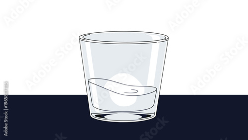 Simple illustration of a transparent drinking glass half-filled with clear water standing on a dark blue table surface.