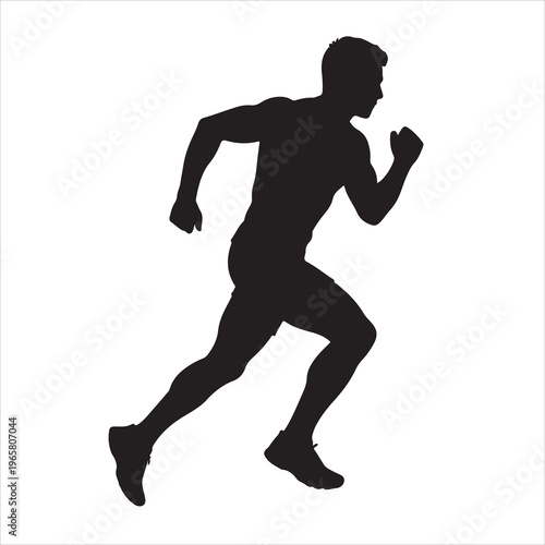 A black vector illustration of a running man silhouette and soccer player athlete in action, capturing a fitness sprint during a sports competition exercise