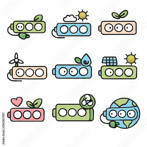 colorful eco friendly battery icons with green renewable energy symbol