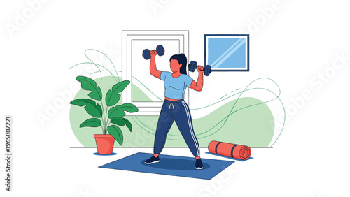 Fit woman exercises at home by lifting heavy dumbbells on a mat in a bright living room with plants and a window.