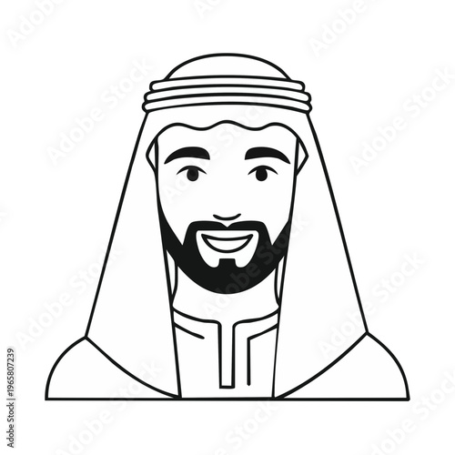 Smiling man in traditional Middle Eastern headwear and beard line drawing illustration