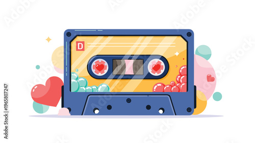 Colorful illustration of a retro cassette tape decorated with heart symbols and bubbles for a romantic mixtape.