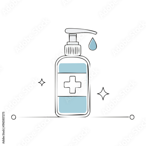 Hand sanitizer bottle with pump dispenser and falling drop in simple outline style
