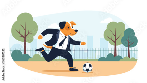 Whimsical illustration of a dog in a formal business suit and tie playing soccer with a ball in a green city park.