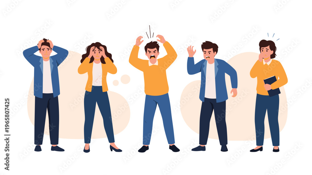 Fototapeta premium Group of five diverse people expressing various negative emotions like stress, anger, anxiety, and frustration in a flat character style illustration.