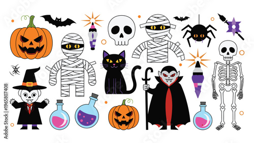 Collection of flat Halloween characters and spooky elements like pumpkins, mummies, a vampire, a skeleton, and a black cat on a white background.
