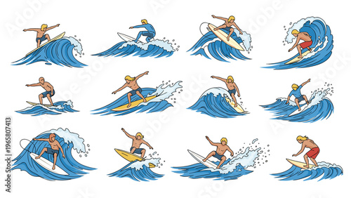 Multiple scenes of male surfers skillfully performing maneuvers and riding large blue waves on their surfboards.