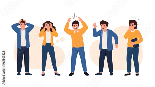 Group of five diverse people expressing various negative emotions like stress, anger, anxiety, and frustration in a flat character style illustration.