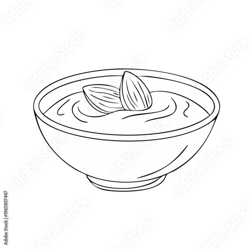 Stylized bowl of creamy almond butter with whole almonds on top minimalist illustration