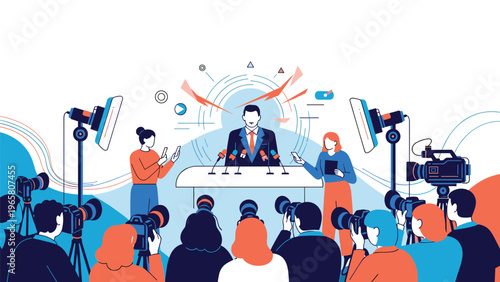 Large crowd of photographers and journalists taking pictures and filming a man speaking at a podium during a busy media press conference event.