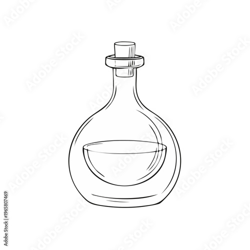 Simple hand drawn outline of a round glass bottle with cork stopper and inner liquid dish