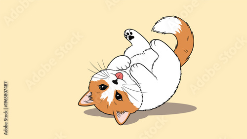 Adorable orange and white kitten lying on its back in a playful pose sticking out its tongue on a light yellow background in a cute art style.