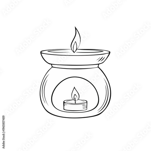 Simple Outline Drawing of an Oil Burner with Two Lit Candles Emitting Flames