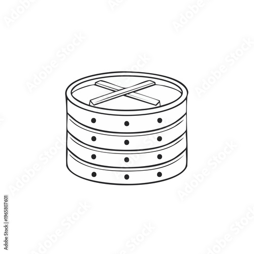 Hand-drawn illustration of a stacked bamboo steamer with crossbars on the lid