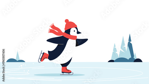 Cute little penguin wearing a red hat and scarf ice skating on a frozen lake with snowy mountains and ice in the background illustration.