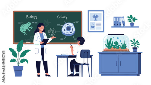 Science teacher in a white lab coat explaining biology concepts to a student in a classroom equipped with an aquarium and research posters.