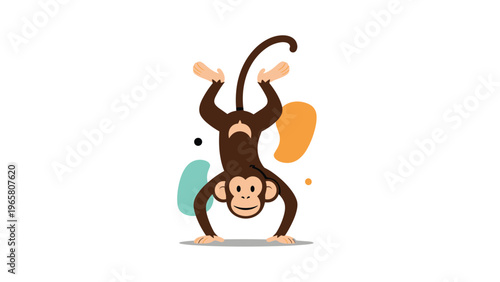 Playful brown monkey doing a handstand on its front paws with abstract organic shapes in the background in a flat cartoon style illustration.