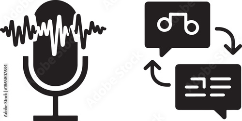 Voice recognition, transcription, and translation icons, speech to text, audio wave