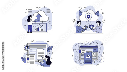 Set of four blue and white technology illustrations depicting cloud storage, cybersecurity, file management, and mobile data concepts.