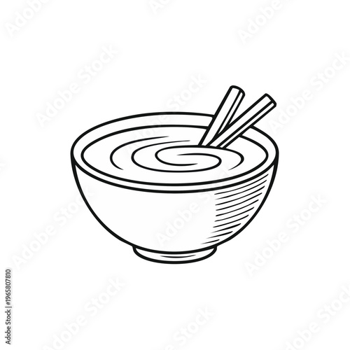 Hand drawn line art of a bowl of soup with chopsticks and swirling liquid